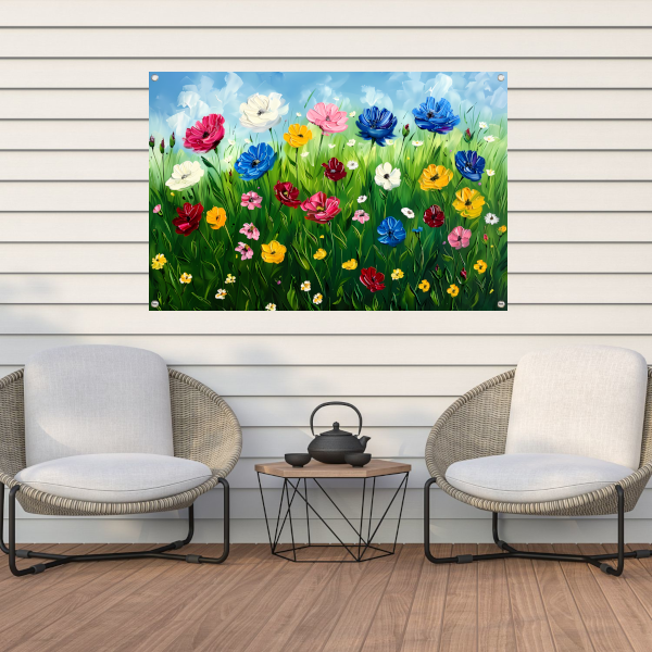 Kleurrijk bloemenveld onder een blauwe lucht tuinposter