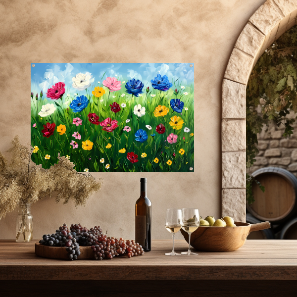 Kleurrijk bloemenveld onder een blauwe lucht tuinposter