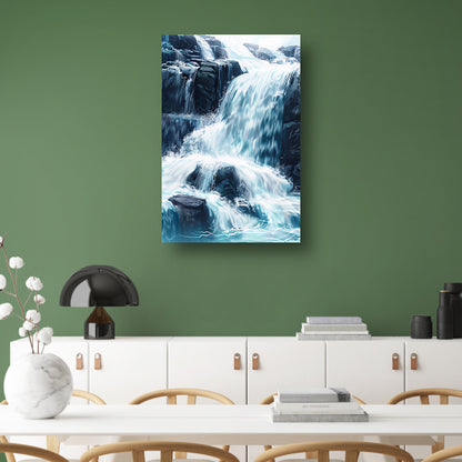 Levendige waterval schilderij met blauwe en groene tinten acrylglas