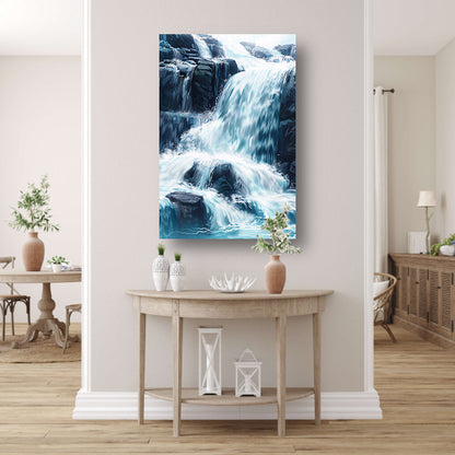 Levendige waterval schilderij met blauwe en groene tinten canvas