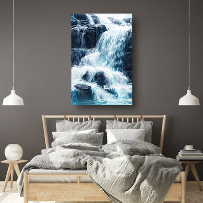 Levendige waterval schilderij met blauwe en groene tinten acrylglas