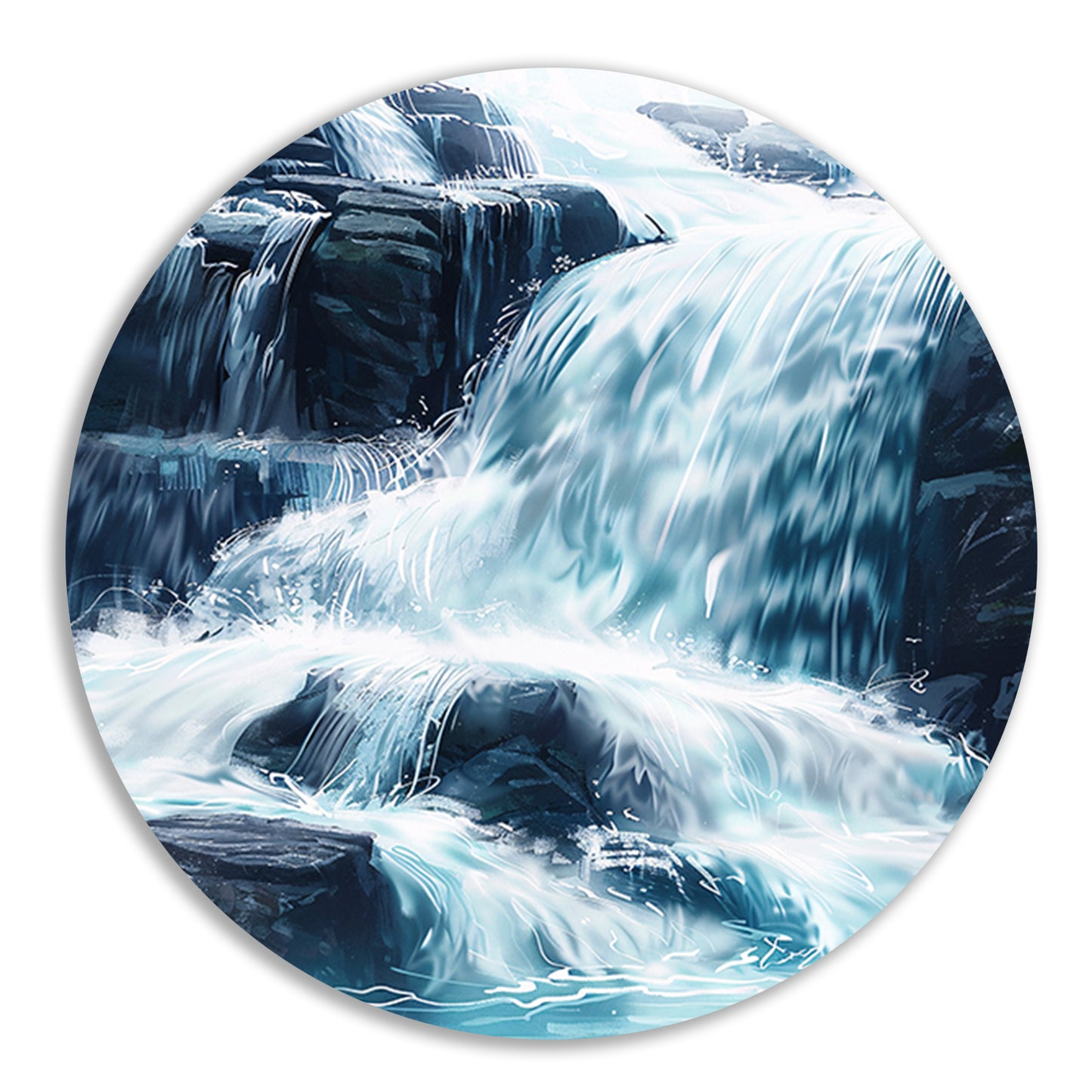 Levendige waterval schilderij met blauwe en groene tinten aluminium muurcirkel