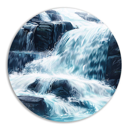 Levendige waterval schilderij met blauwe en groene tinten aluminium muurcirkel