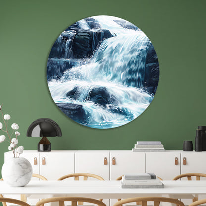 Levendige waterval schilderij met blauwe en groene tinten aluminium muurcirkel