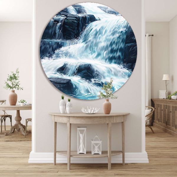 Levendige waterval schilderij met blauwe en groene tinten aluminium muurcirkel