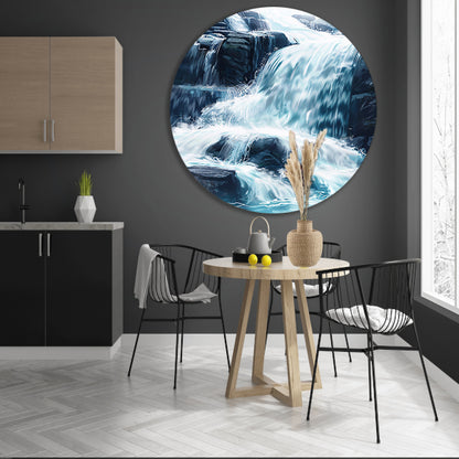 Levendige waterval schilderij met blauwe en groene tinten aluminium muurcirkel