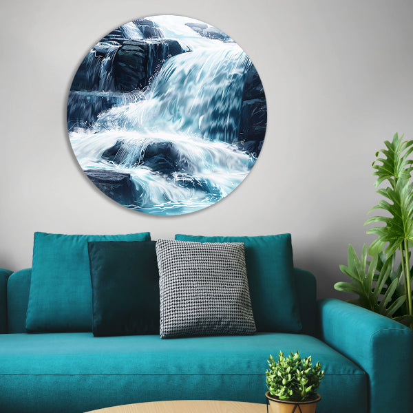 Levendige waterval schilderij met blauwe en groene tinten aluminium muurcirkel