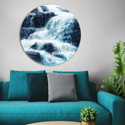Levendige waterval schilderij met blauwe en groene tinten aluminium muurcirkel