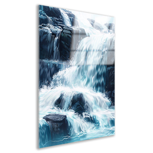 Levendige waterval schilderij met blauwe en groene tinten acrylglas