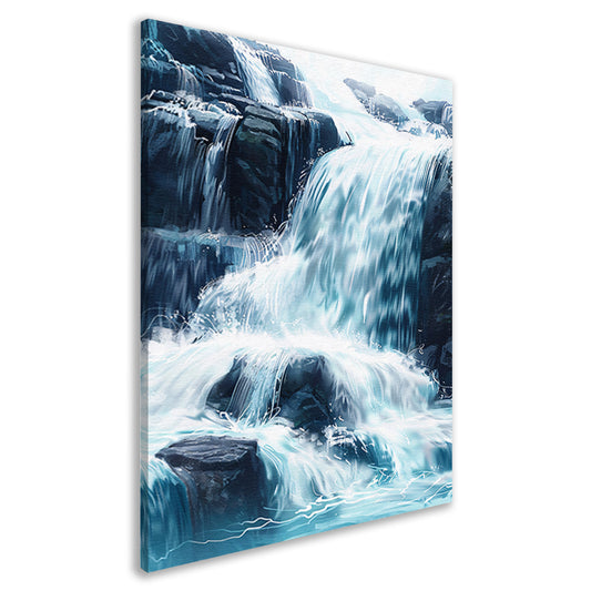 Levendige waterval schilderij met blauwe en groene tinten canvas