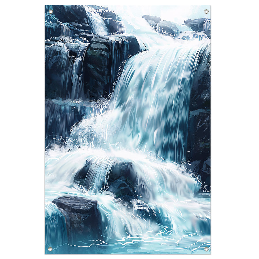 Levendige waterval schilderij met blauwe en groene tinten tuinposter