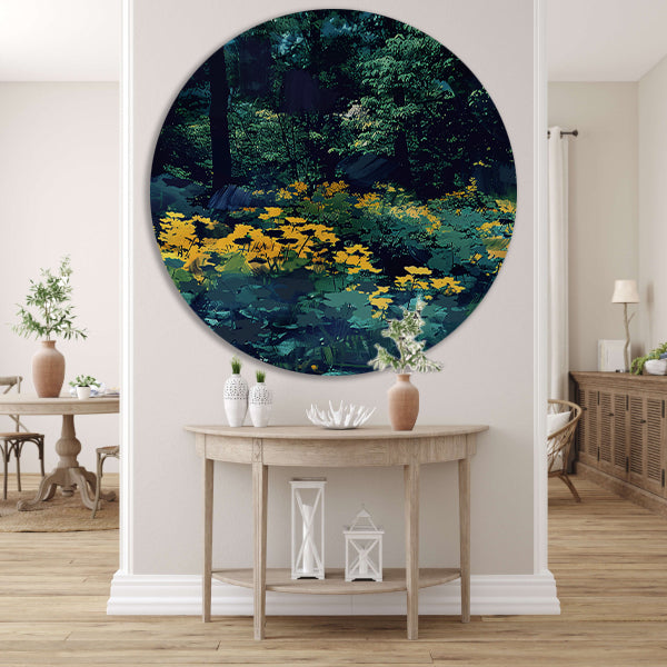 Digitale kunst van een weelderige bloementuin forex muurcirkel