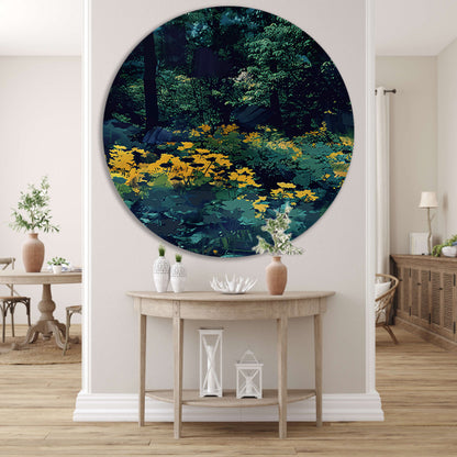 Digitale kunst van een weelderige bloementuin aluminium muurcirkel