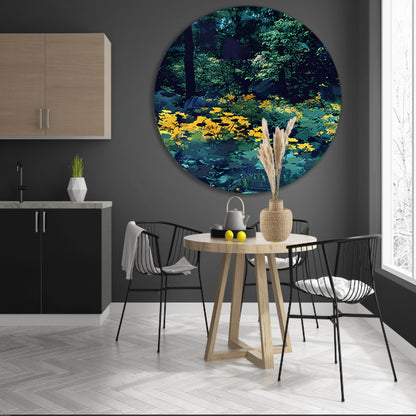 Digitale kunst van een weelderige bloementuin aluminium muurcirkel