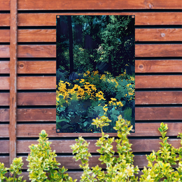 Digitale kunst van een weelderige bloementuin tuinposter