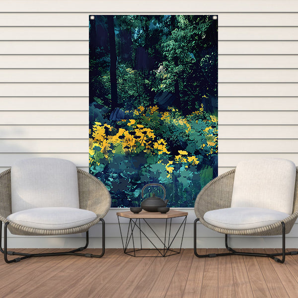 Digitale kunst van een weelderige bloementuin tuinposter