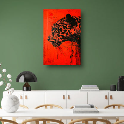 Dynamisch jaguar kunstwerk op rode achtergrond canvas