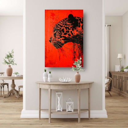 Dynamisch jaguar kunstwerk op rode achtergrond canvas
