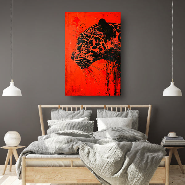 Dynamisch jaguar kunstwerk op rode achtergrond canvas