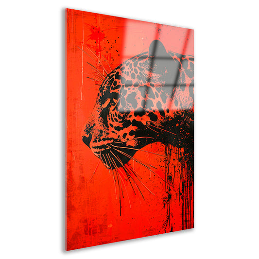 Dynamisch jaguar kunstwerk op rode achtergrond acrylglas