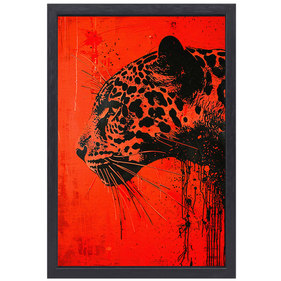 Dynamisch jaguar kunstwerk op rode achtergrond canvas met baklijst