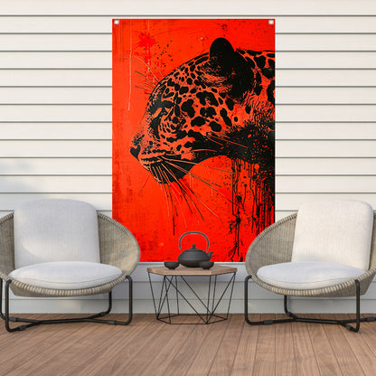 Dynamisch jaguar kunstwerk op rode achtergrond tuinposter