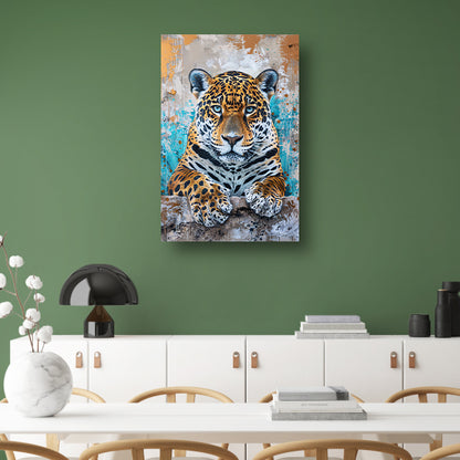 Surrealistisch schilderij van een jaguar met kleurrijke achtergrond acrylglas
