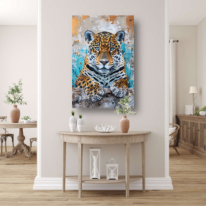 Surrealistisch schilderij van een jaguar met kleurrijke achtergrond acrylglas