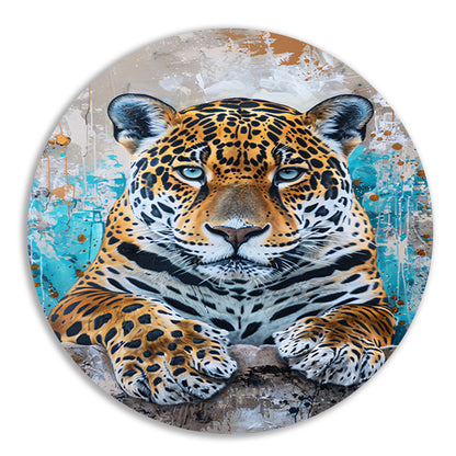 Surrealistisch schilderij van een jaguar met kleurrijke achtergrond forex muurcirkel