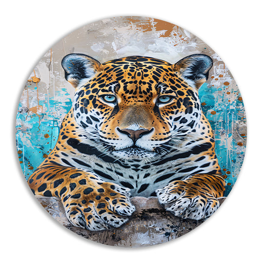 Surrealistisch schilderij van een jaguar met kleurrijke achtergrond aluminium muurcirkel