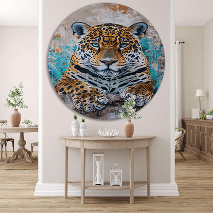 Surrealistisch schilderij van een jaguar met kleurrijke achtergrond forex muurcirkel