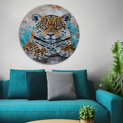 Surrealistisch schilderij van een jaguar met kleurrijke achtergrond forex muurcirkel