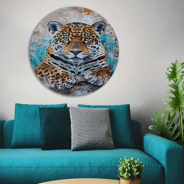 Surrealistisch schilderij van een jaguar met kleurrijke achtergrond aluminium muurcirkel