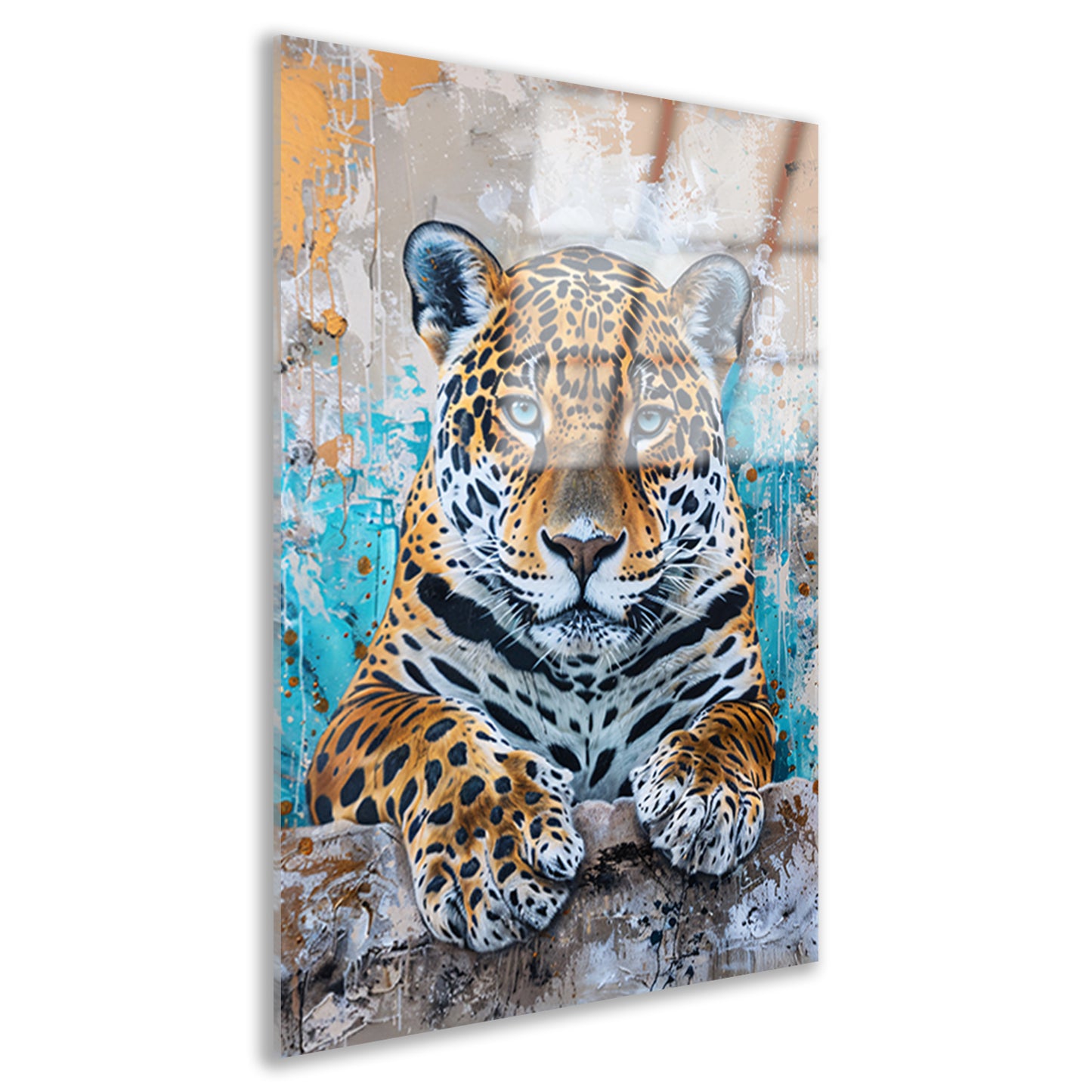 Surrealistisch schilderij van een jaguar met kleurrijke achtergrond acrylglas