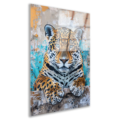Surrealistisch schilderij van een jaguar met kleurrijke achtergrond acrylglas