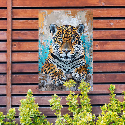 Surrealistisch schilderij van een jaguar met kleurrijke achtergrond tuinposter