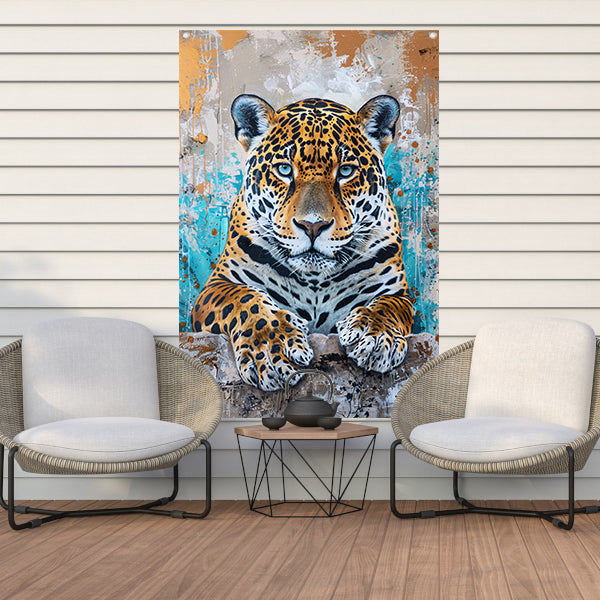 Surrealistisch schilderij van een jaguar met kleurrijke achtergrond tuinposter