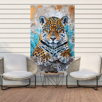 Surrealistisch schilderij van een jaguar met kleurrijke achtergrond tuinposter
