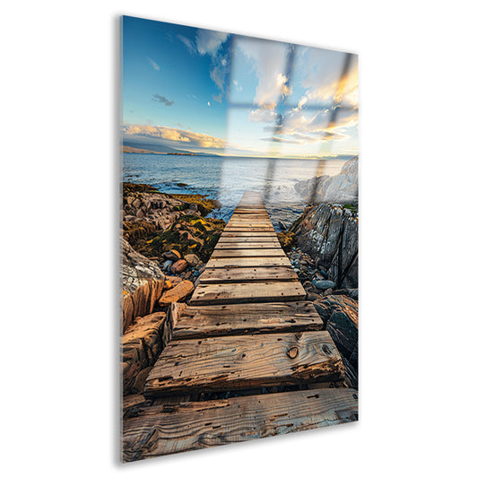 Houten pier bij zonsondergang met dramatische wolken acrylglas