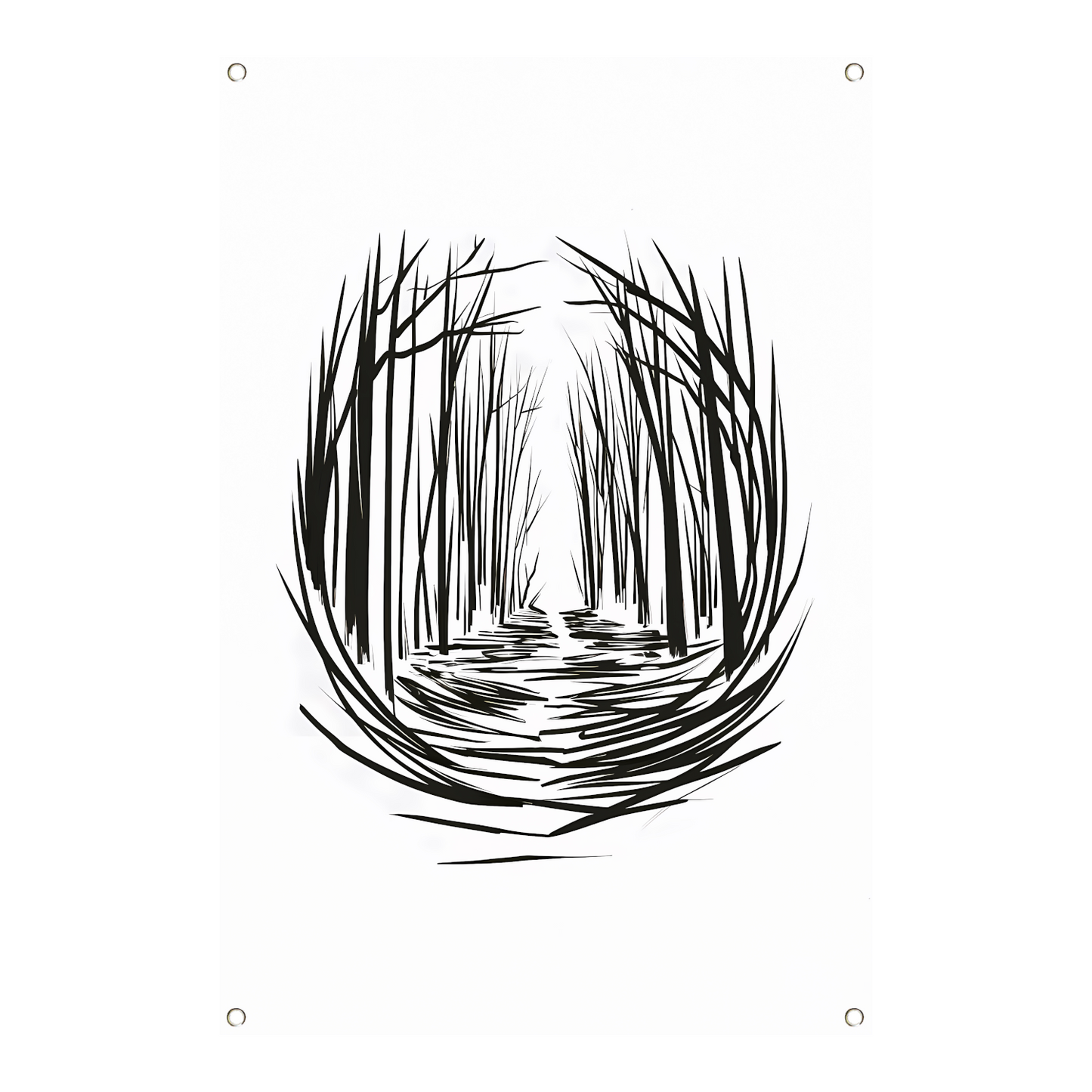 Minimalistisch rivier door bos lijntekening tuinposter