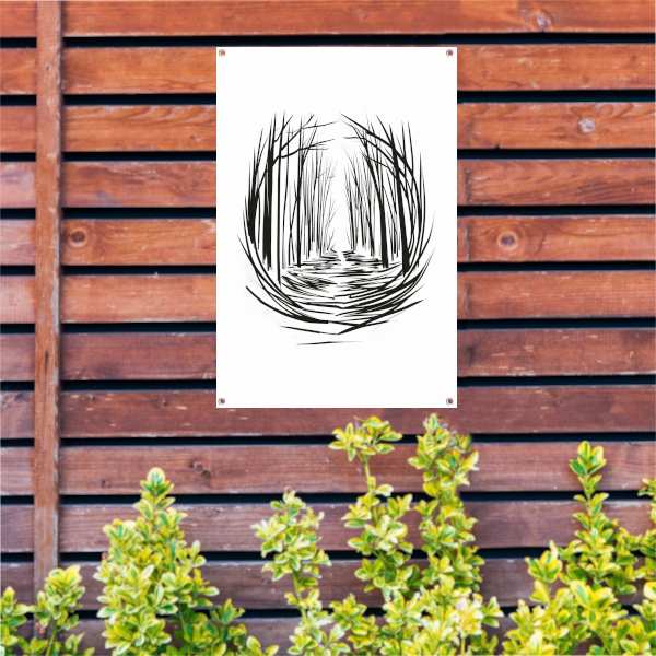 Minimalistisch rivier door bos lijntekening tuinposter