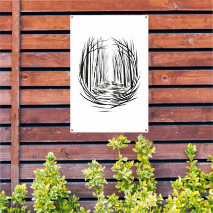 Minimalistisch rivier door bos lijntekening tuinposter