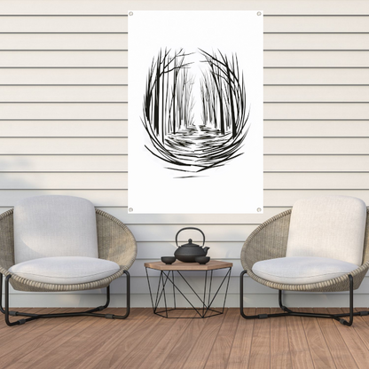 Minimalistisch rivier door bos lijntekening tuinposter