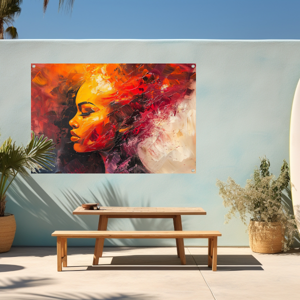 Expressieve abstracte vrouw in warme tinten tuinposter