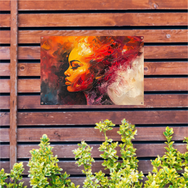 Expressieve abstracte vrouw in warme tinten tuinposter