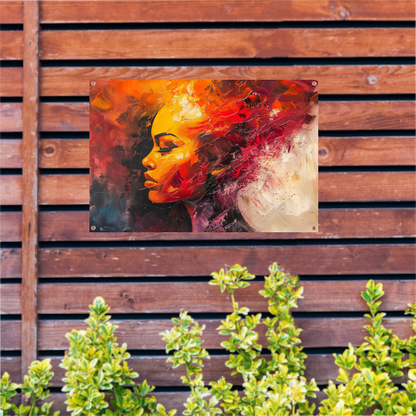 Expressieve abstracte vrouw in warme tinten tuinposter