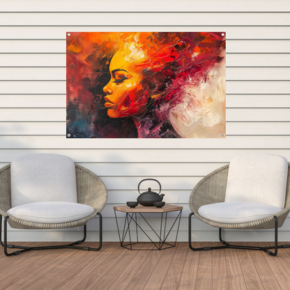 Expressieve abstracte vrouw in warme tinten tuinposter
