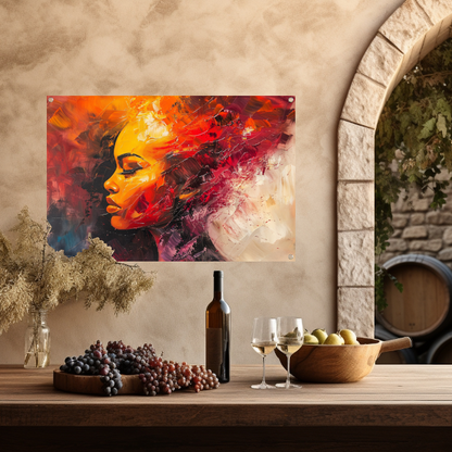 Expressieve abstracte vrouw in warme tinten tuinposter