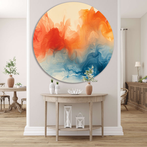 Abstract kunstwerk met levendige kleurencombinatie aluminium muurcirkel