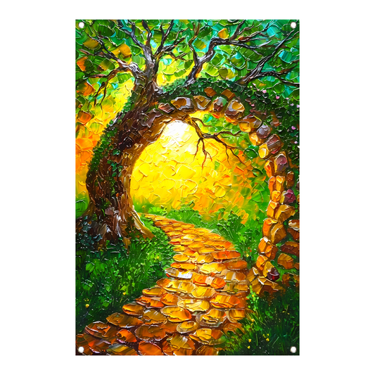 Kleurrijke boom met pad in zonlicht tuinposter